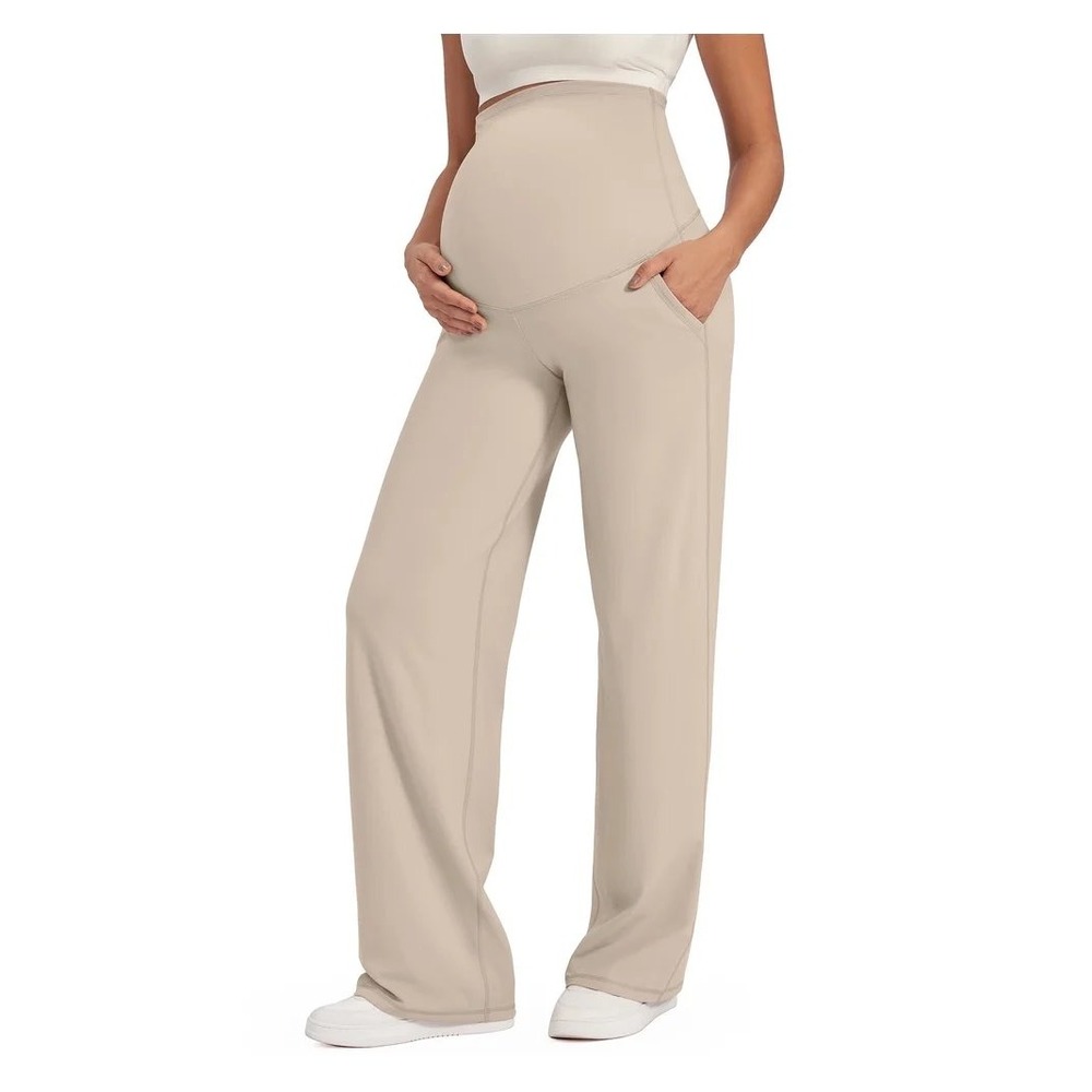 G4Free Maternity Pants M Beige Wide Leg Over Bump High Waist Stretch Pockets